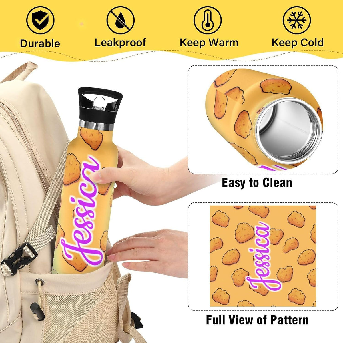 Kcldeci Kids Water Bottle for School Cartoon Chicken Nuggets Personalized 20oz Stainless Steel Insulated Tumbler with Straw, Leak-Proof Travel Flask for Boys Girls, BPA-Free