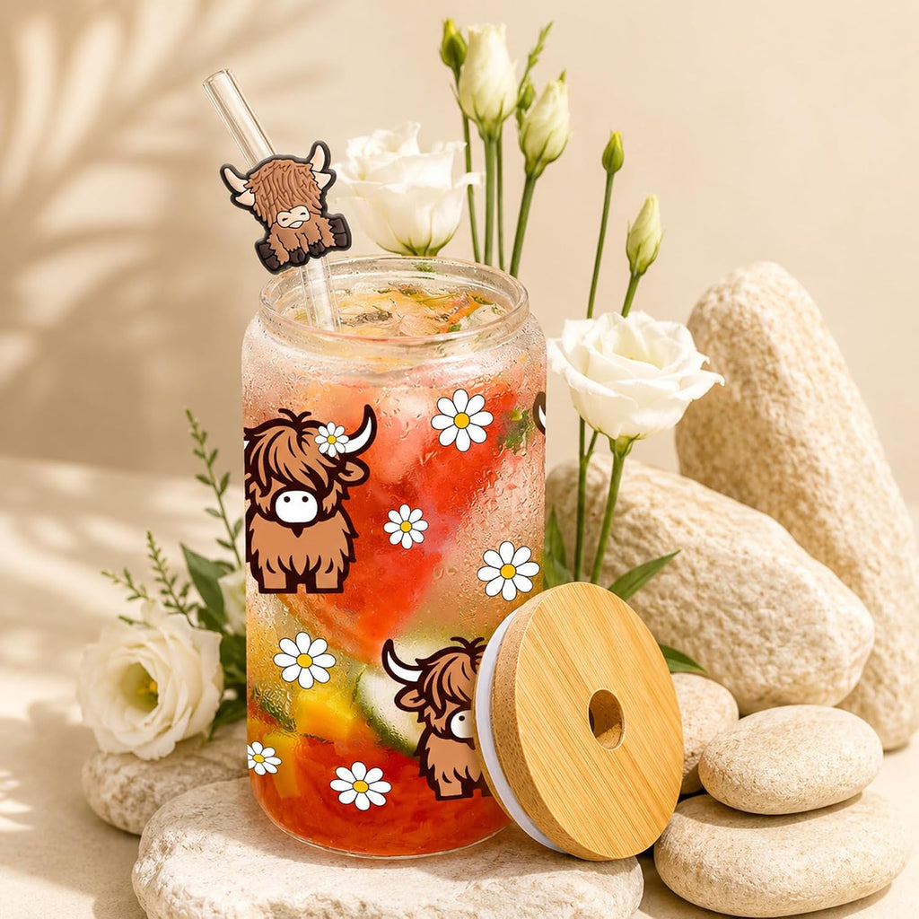 Highland Cows Gifts for Women - Glass Cup with Lid and Straw 16oz