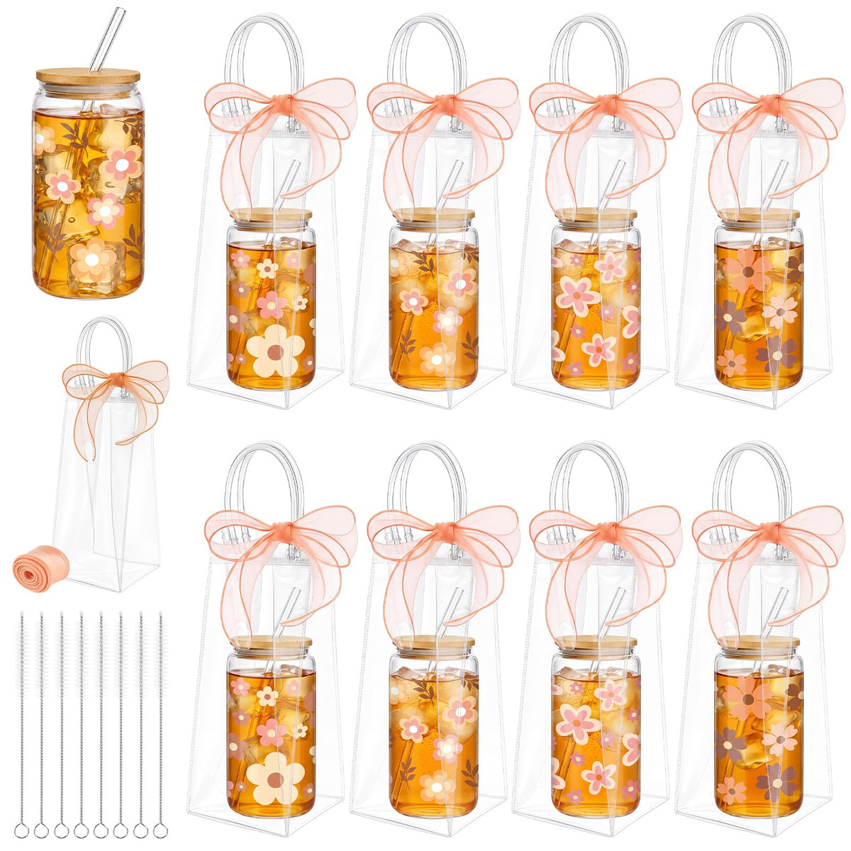 Mumufy 6 Sets Wildflower Cute Glass Cups with Lids and Straws Bulk, 16 Oz