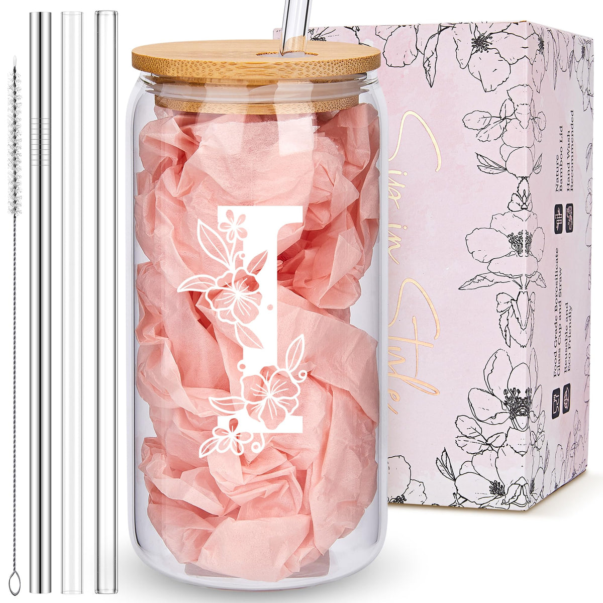 Personalized Tumbler, Monogrammed Can Glass Cups with Bamboo Lids and Straws, Customized Gifts for Women, Cute Design Initial Iced Coffee glasses, Custom Letter Mug, Birthday Bridesmaid, L