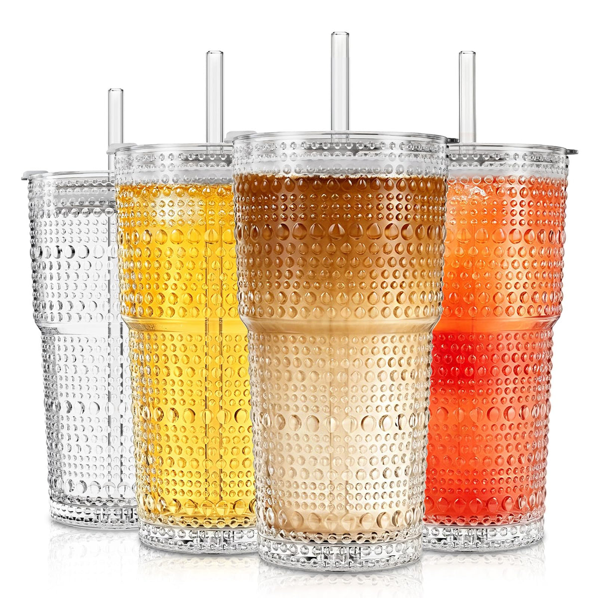 SoulTimes 20oz Ribbed & Floral Glass Tumbler with Lid and Straw – Iced Coffee Glasses Cups for Smoothie, Matcha, Juice, Water etc. Leakproof and Reusable Glassware Drinking for Travel To Go [2Pcs]