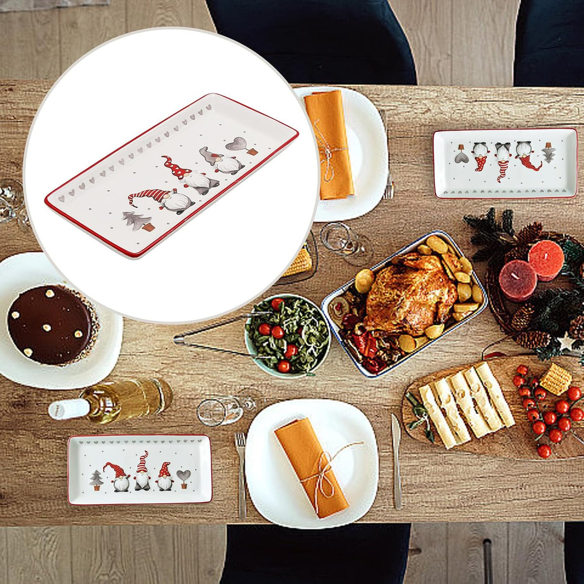 Hoypeyfiy Christmas Rectangular Serving Platter - Cartoon Gnomes Design for Salad, Cheese, Appetizers, Snacks & Fruit, Porcelain Dishwasher Safe Dinner Plate