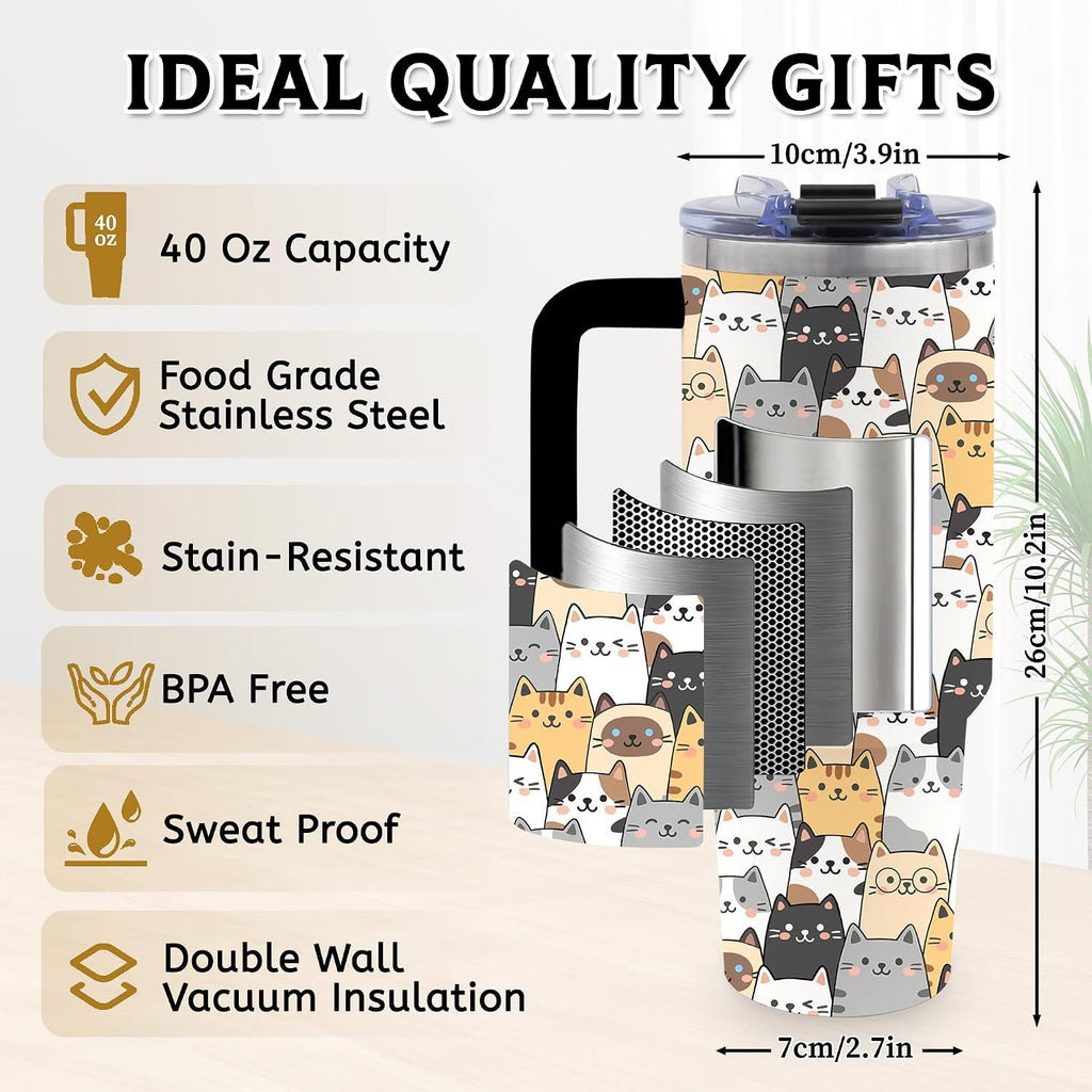 40oz Cats Tumbler Gifts for Women, Cute Cat Water Bottle with Handle & Straw