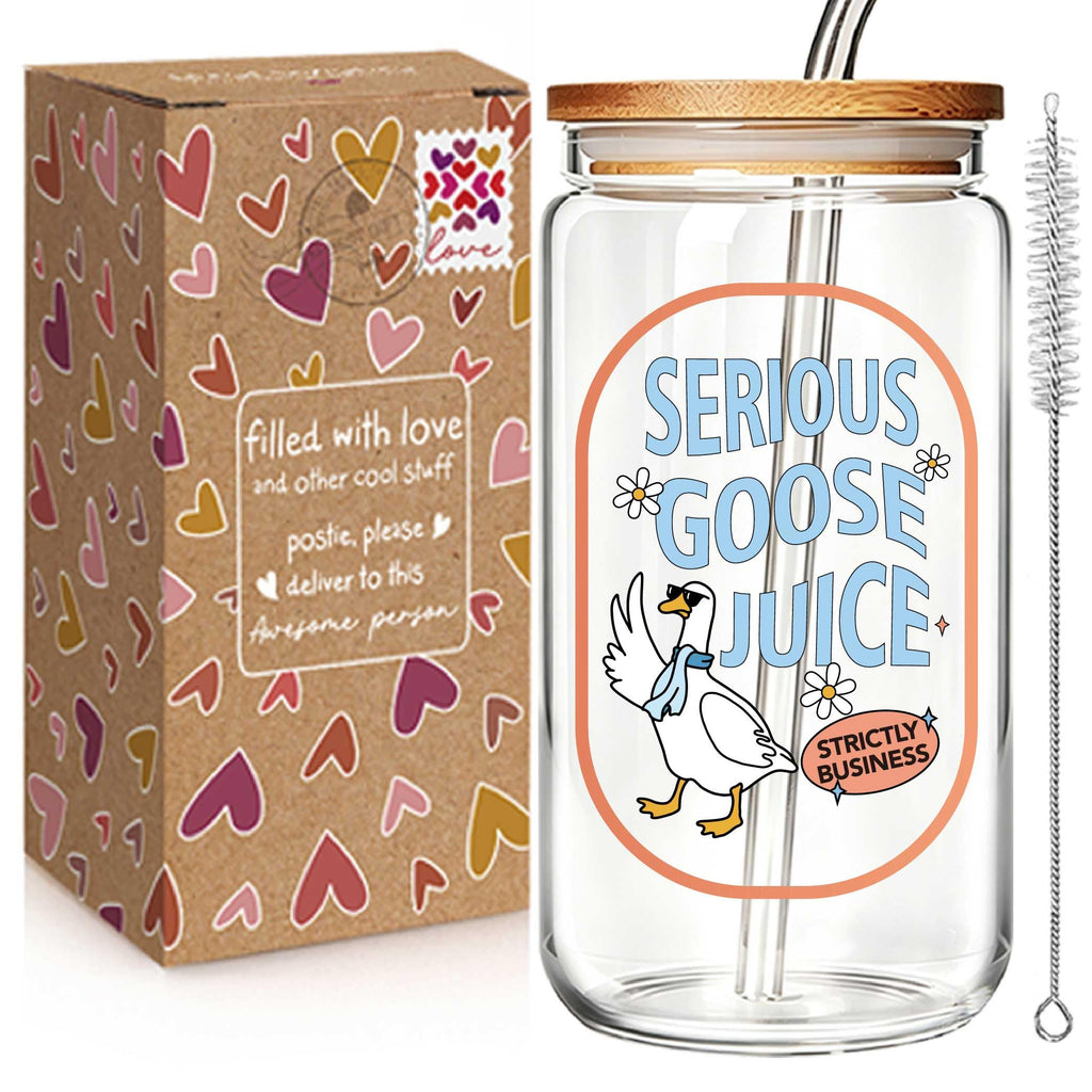 Silly Goose Juice 16oz Glass Cup with Lid and Straw, Funny Silly Goose Gift for Women, Iced Coffee Glass Tumbler for Coffee Lovers, Birthday Gift for Friends, Mom, Sister, Coworker