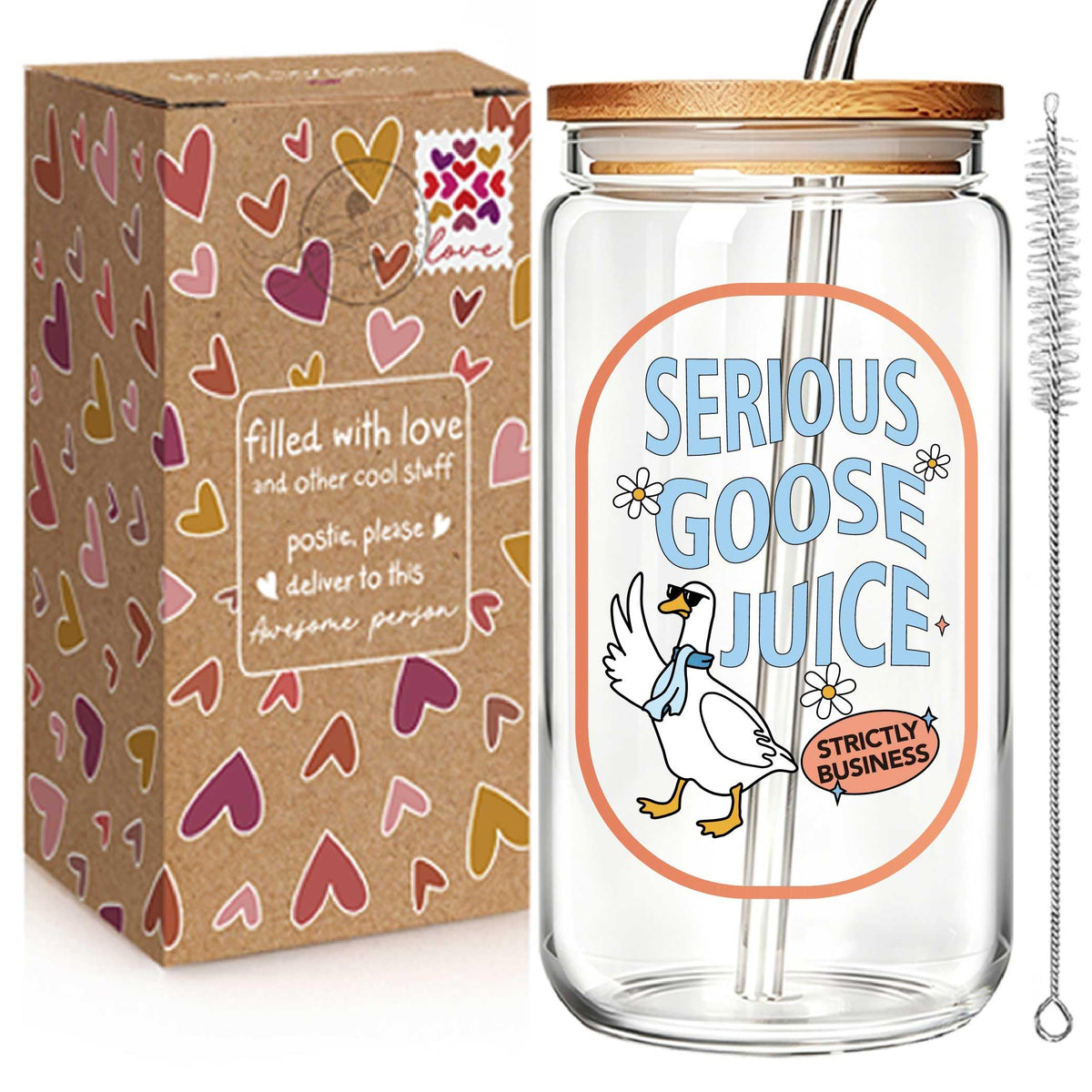 Silly Goose Juice 16oz Glass Cup with Lid and Straw, Funny Silly Goose Gift for Women, Iced Coffee Glass Tumbler for Coffee Lovers, Birthday Gift for Friends, Mom, Sister, Coworker