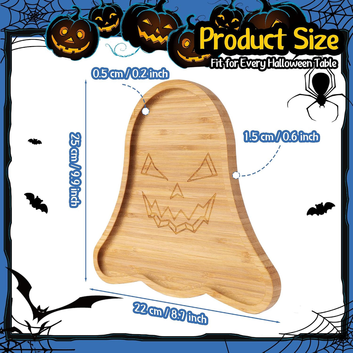 TJ POP Ghost Serving Tray - Spooky Ghost Shaped Bamboo Serving Platter, Festive Wooden Charcuterie Board, Snack Cheese Dish Plate for Candy, Treats, Drinks & Holiday Party Decor (10" x 9")