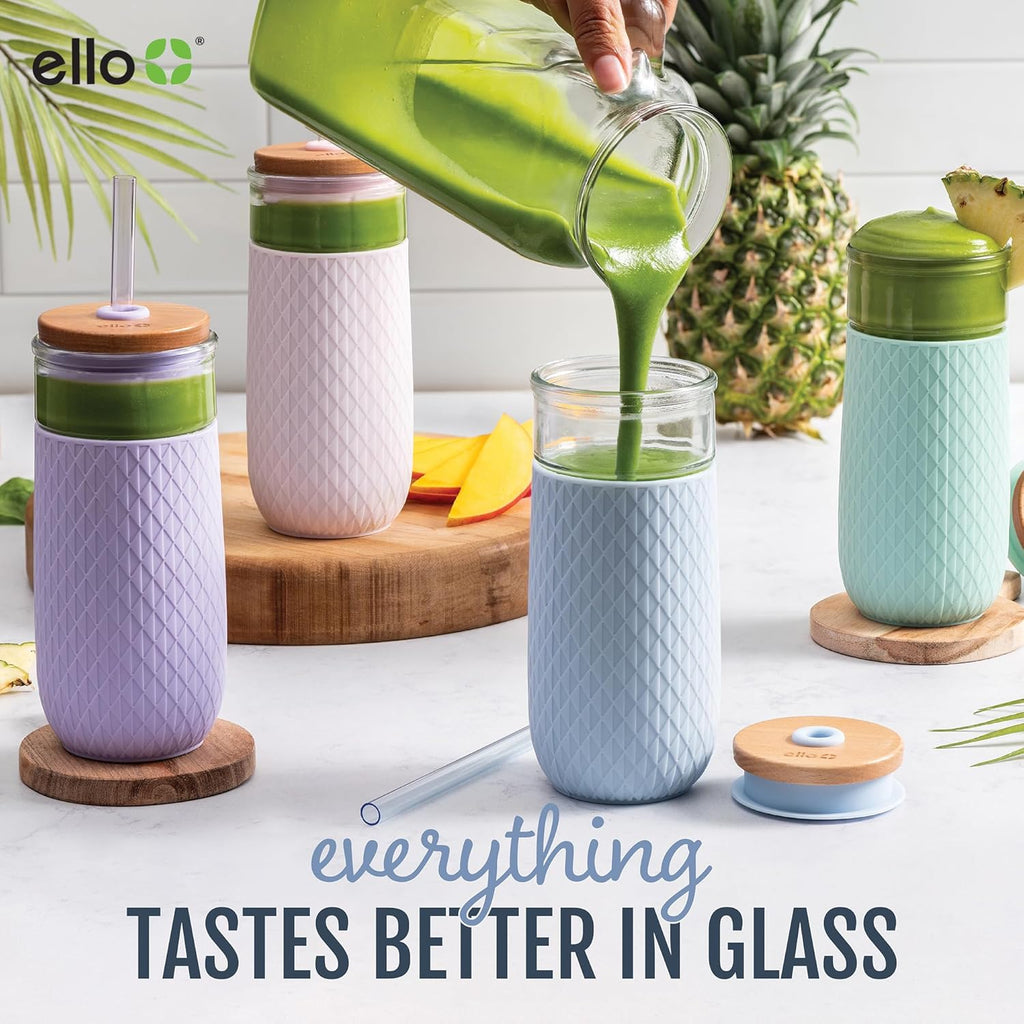 Ello Devon 18oz Glass Tumbler with Straw & Bamboo Lid for Iced Coffee, Pink