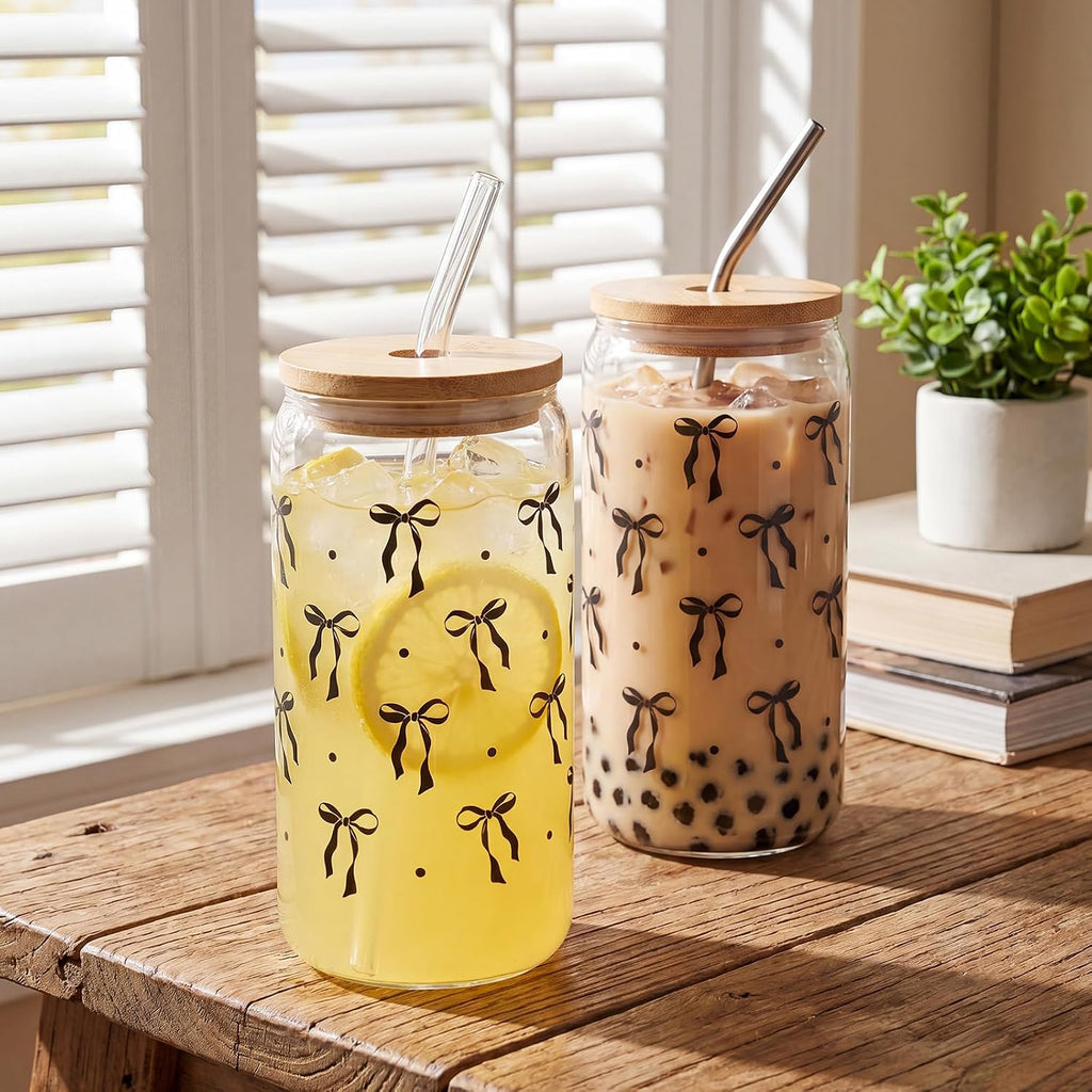 Black Bow Glass Cup with Lids And Straws Cute Halloween Gifts for Women