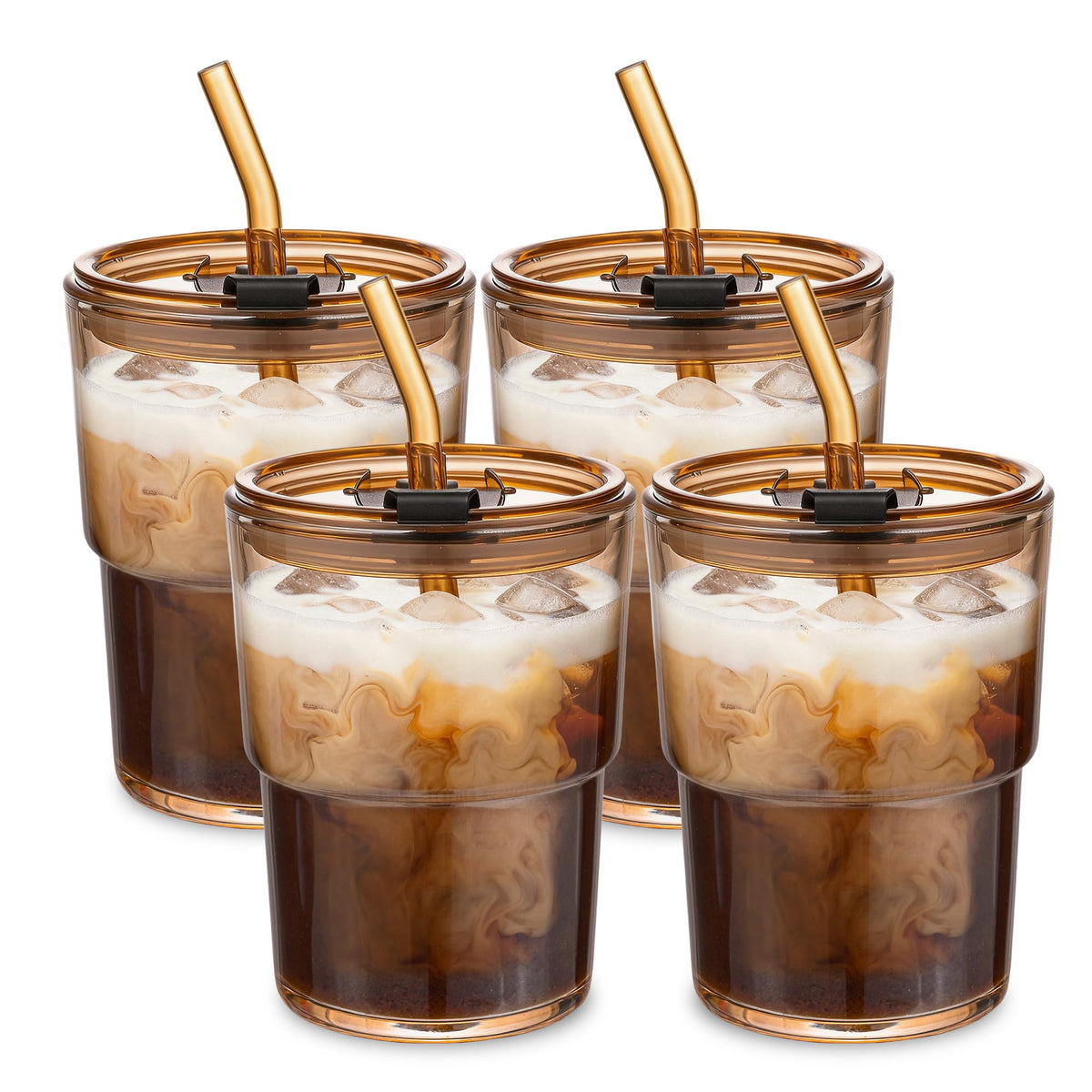 Iced Coffee Cups, 13oz Glass Tumbler with Lid and Straw, Leakproof To-Go Glass Cups Fits Car Cup Holder, Reusable Matcha Cup for Iced Coffee, Cold Brew and Tea