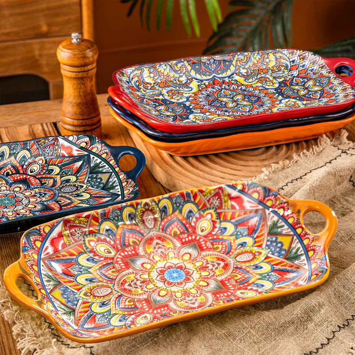 Boho Ceramic Serving Platters with Handles Set of 4, 12Inch Large Serving Dishes for Entertaining, Colorful Cute Porcelain Serving Plates for Sandwich, Appetizer, Fruit, Microwave Oven Safe Mix-color