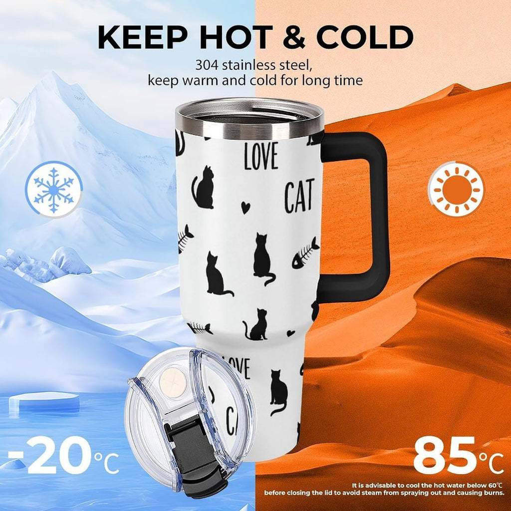 Black Cat Yellow Eyes Tumbler with Lid And Straw 40oz Cartoon Halloween Stainless Steel Cup Insulated, Large Capacity Car Cup, Leakproof Travel Tumbler Coffee Mug with Handle