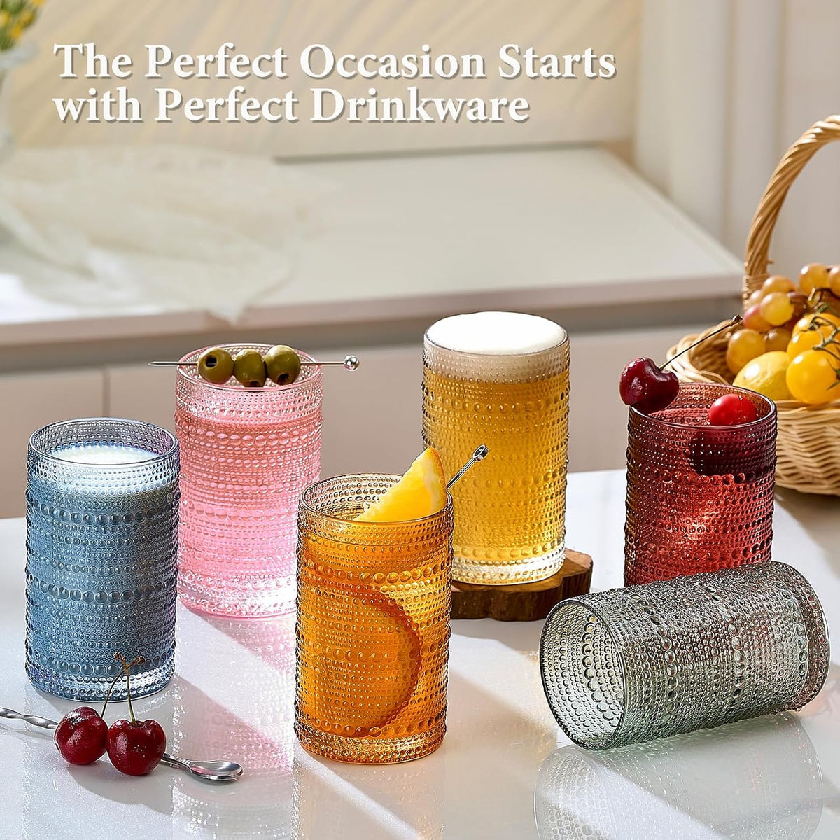 Colored Hobnail Drinking Glasses Set of 6, 12oz Vintage Kitchen Glassware, Embossed Beaded Glass Cups, Water Glasses, Colorful Water Tumbler for Cocktail, Juice, Various Mixed Drink (Dishwasher Safe)