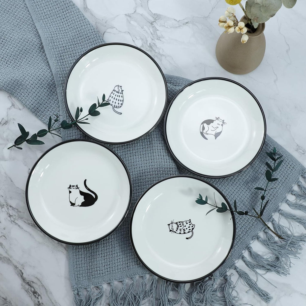 SOCOSY Cute Cartoon Gentleman and Dot Cat Ceramic Seasoning Dishes Sauce Dish Sushi Dipping Bowl Appetizer Plates Tea Bag Holder Serving Dish for Kitchen 5 Inch, Set of 4