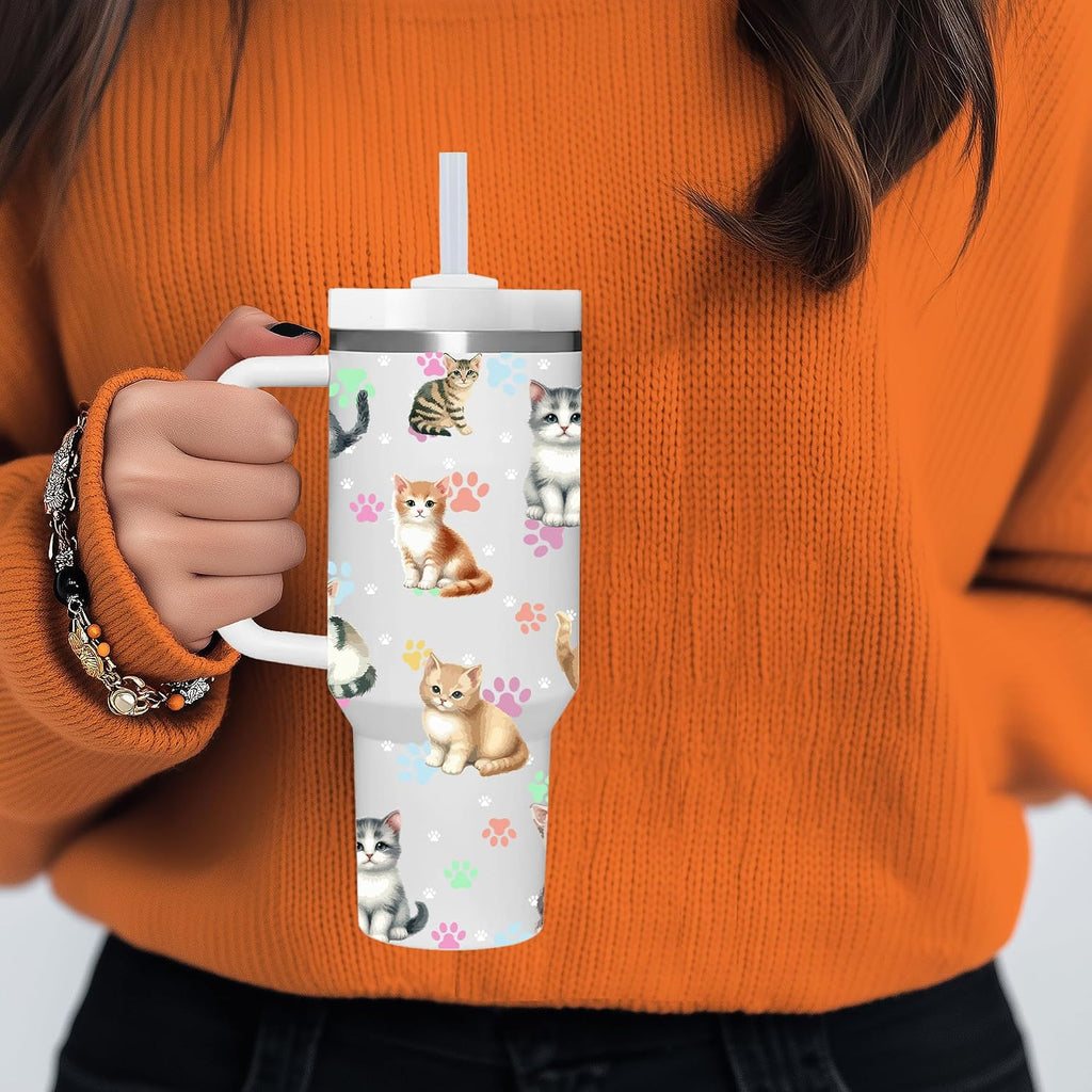 40 OZ Kitty Cat Tumbler with Handle.Kitty Cat Lover Cup Gift.40 OZ Unique Birthday Christmas Kitty Cat Tumblers Gifts for Women Men.