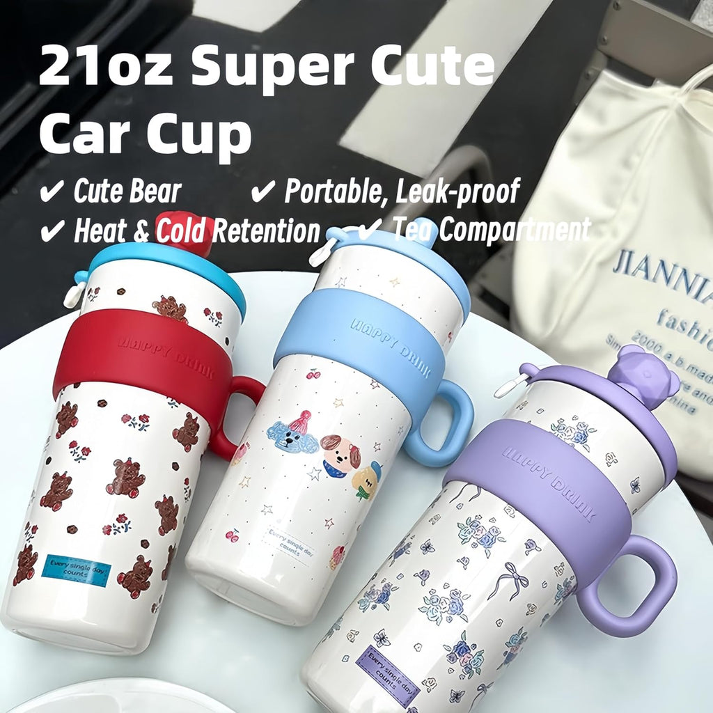 21oz Cute Bear Car Cup with Straw & Cap, Leak-Proof Portable Mug with Tea Strainer, Insulated for Hot/Cold - Ideal for Car, Office, Outdoor (Purple)