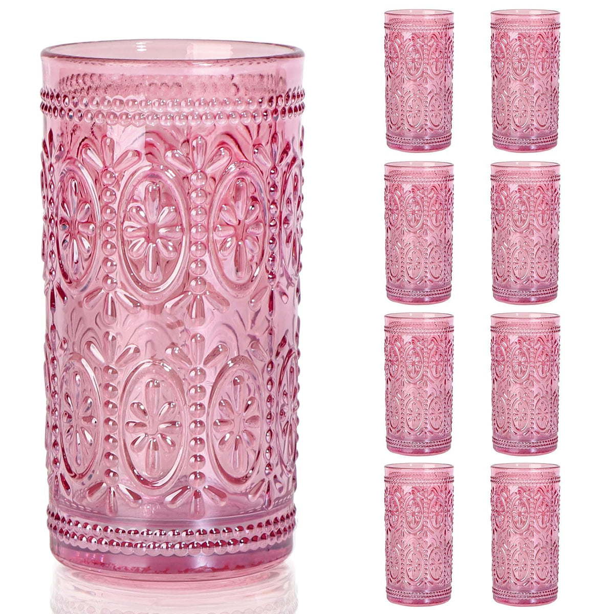 abrwyy Pink Drinking Glasses, 12oz Pink Glassware, Vintage Glassware