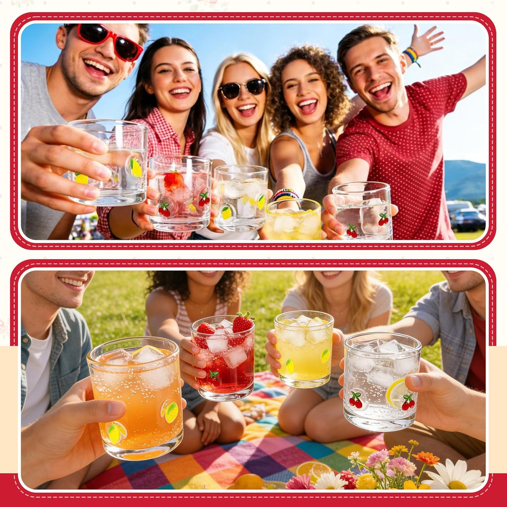 2 Pcs Cherry & Lemons Icon Juice Glass, 14oz Reusable Stemless Wine Cups