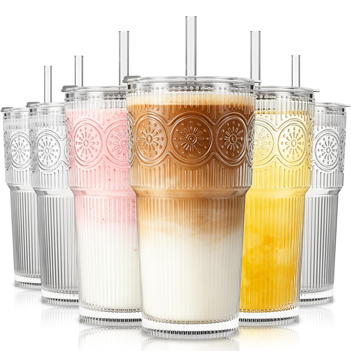 SoulTimes 20oz Ribbed & Floral Glass Tumbler with Lid and Straw – Iced Coffee Glasses Cups for Smoothie, Matcha, Juice, Water etc. Leakproof and Reusable Glassware Drinking for Travel To Go [2Pcs]