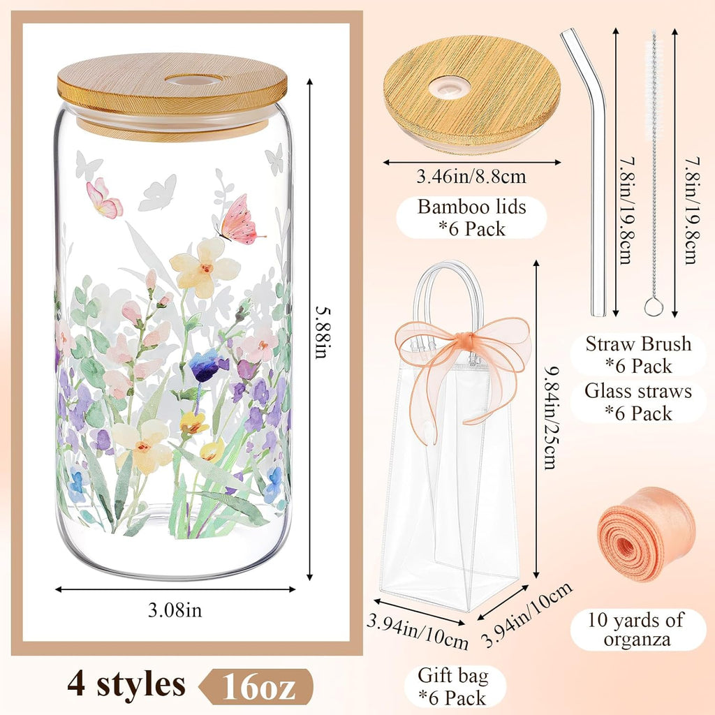 Mumufy 6 Sets Wildflower Cute Glass Cups with Lids and Straws Bulk, 16 Oz