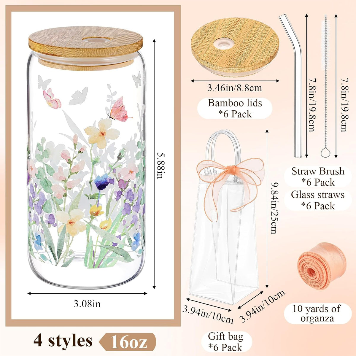 Mumufy 6 Sets Wildflower Cute Glass Cups with Lids and Straws Bulk, 16 Oz