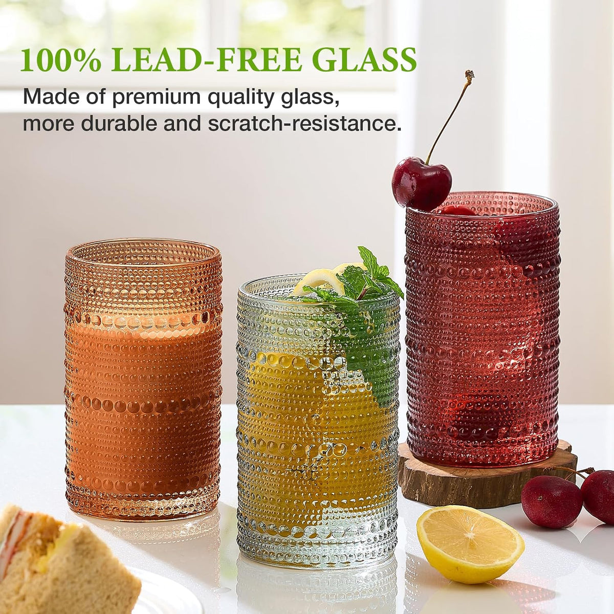 Colored Hobnail Drinking Glasses Set of 6, 12oz Vintage Kitchen Glassware, Embossed Beaded Glass Cups, Water Glasses, Colorful Water Tumbler for Cocktail, Juice, Various Mixed Drink (Dishwasher Safe)