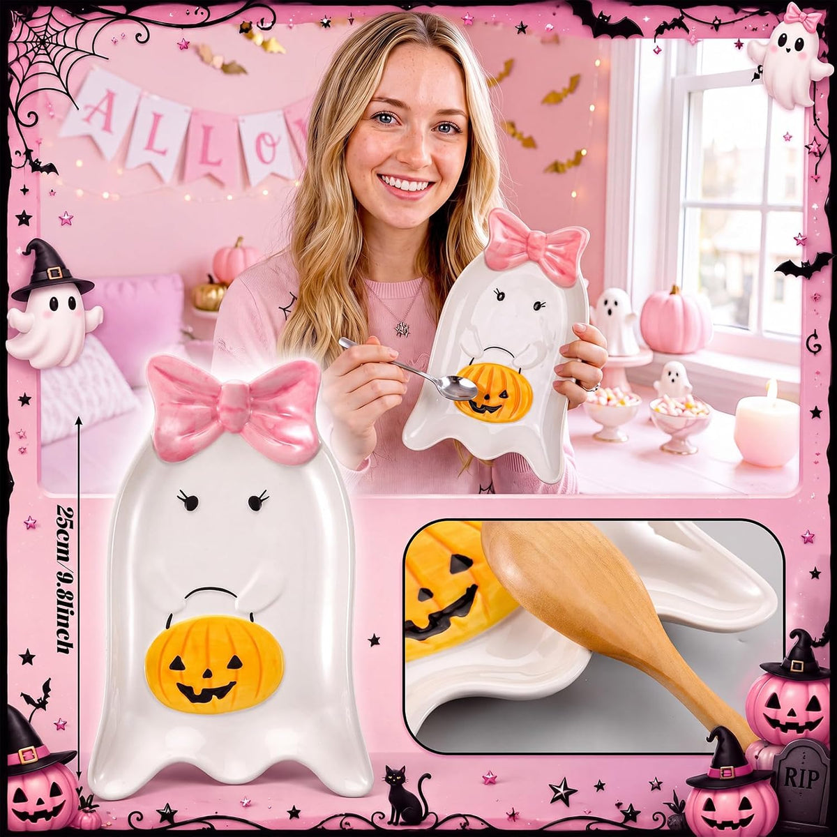 Potchen Pink Halloween Ghost Ceramic Plate, Coquette Bow Candy Serving Dish
