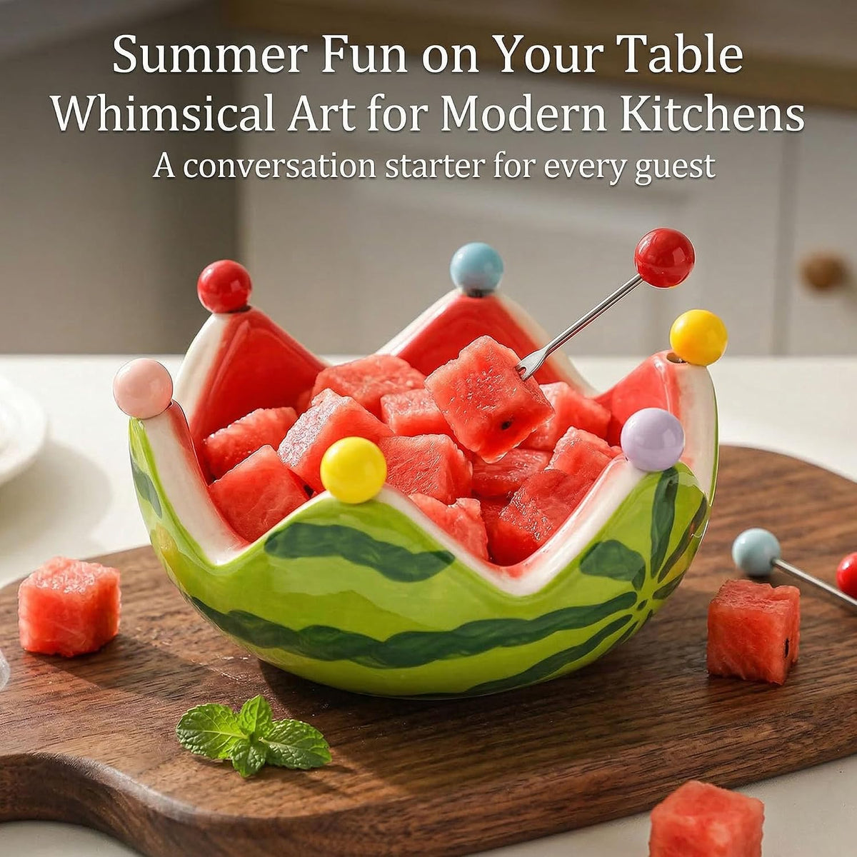 Watermelon-Shaped Ceramic Fruit Bowl with 6 Stainless Steel Forks