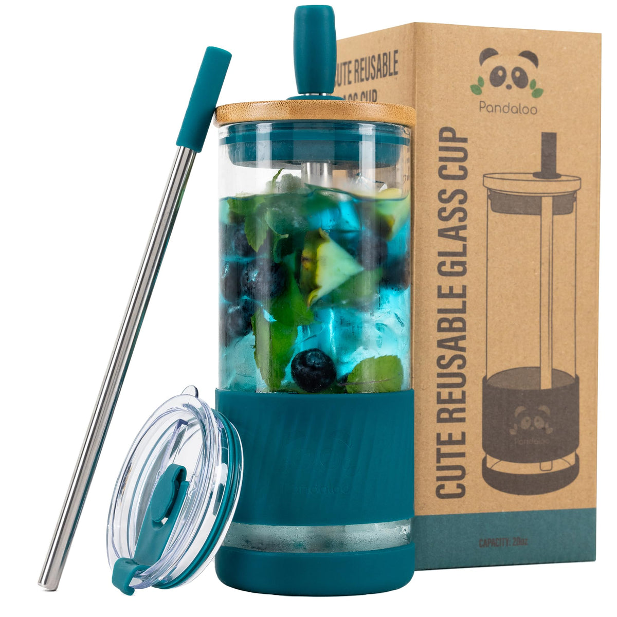 Pandaloo® Glass Cups With Lids and Straws -20 Fl Oz- Perfect Size Iced Coffee Cup - Smoothie Cup With Bamboo Lid and On the go Lid - Glass Tumbler With Straw (1 Count (Pack of 1), Tender Pink)