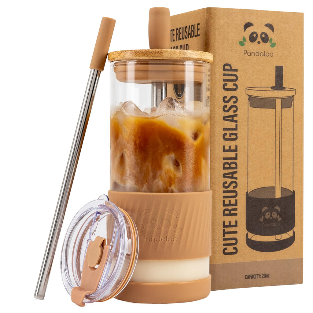 Pandaloo® Glass Cups With Lids and Straws -20 Fl Oz- Perfect Size Iced Coffee Cup - Smoothie Cup With Bamboo Lid and On the go Lid - Glass Tumbler With Straw (1 Count (Pack of 1), Tender Pink)