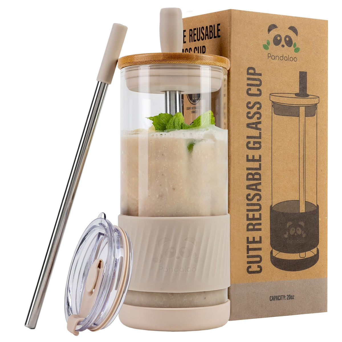 Pandaloo® Glass Cups With Lids and Straws -20 Fl Oz- Perfect Size Iced Coffee Cup - Smoothie Cup With Bamboo Lid and On the go Lid - Glass Tumbler With Straw (1 Count (Pack of 1), Tender Pink)