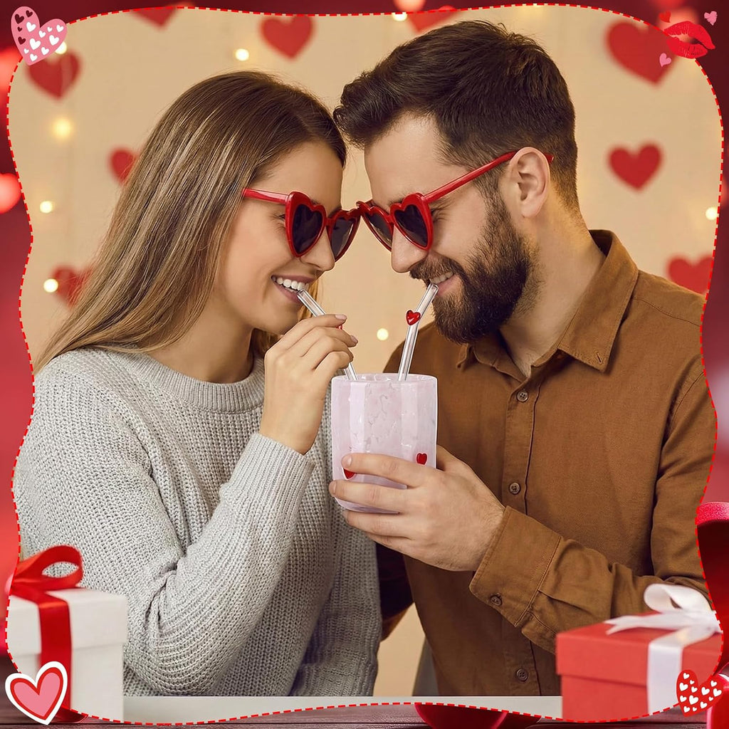 2Pcs 14oz Pink Heart Icon Juice Glass with Straws Gift Box