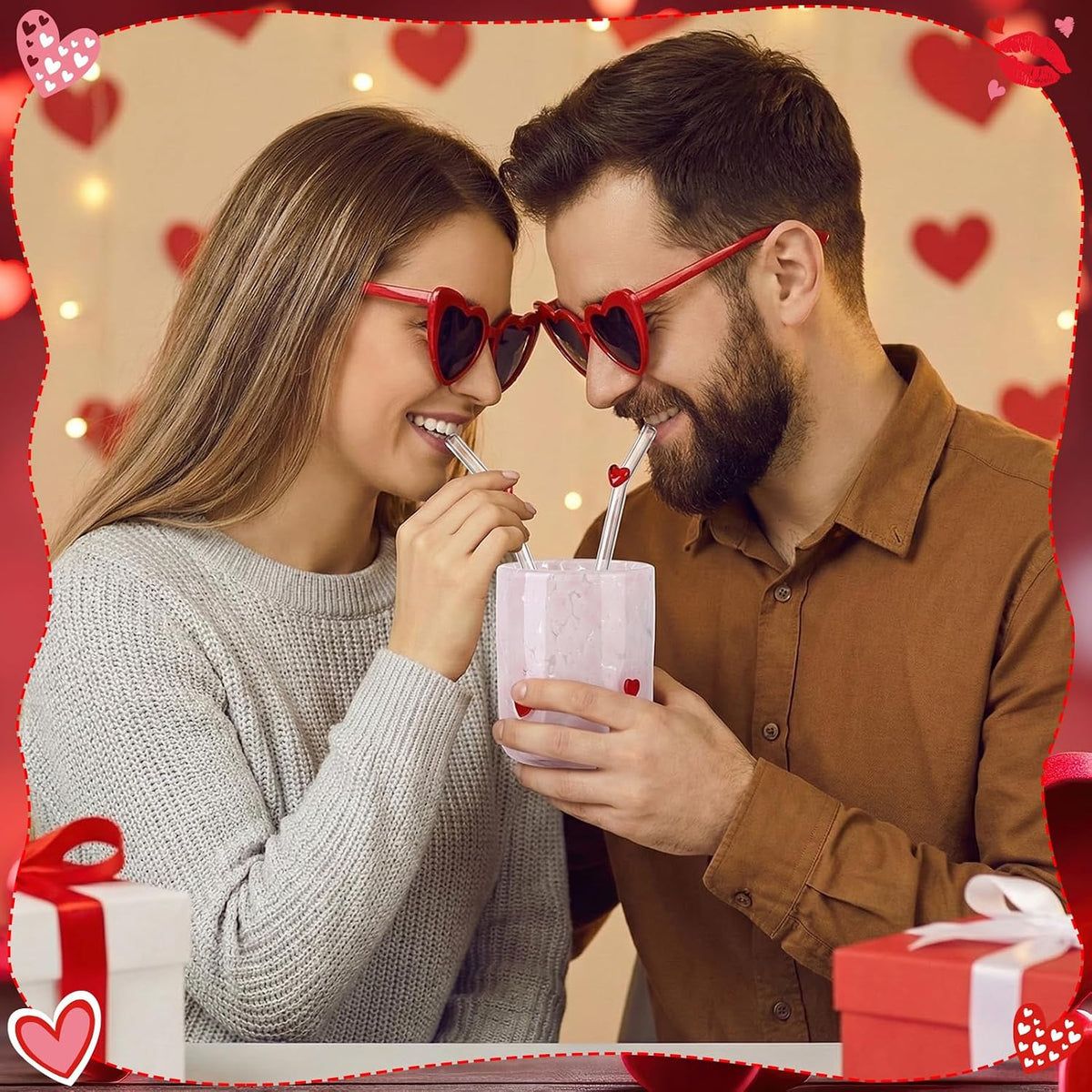 2Pcs 14oz Pink Heart Icon Juice Glass with Straws Gift Box