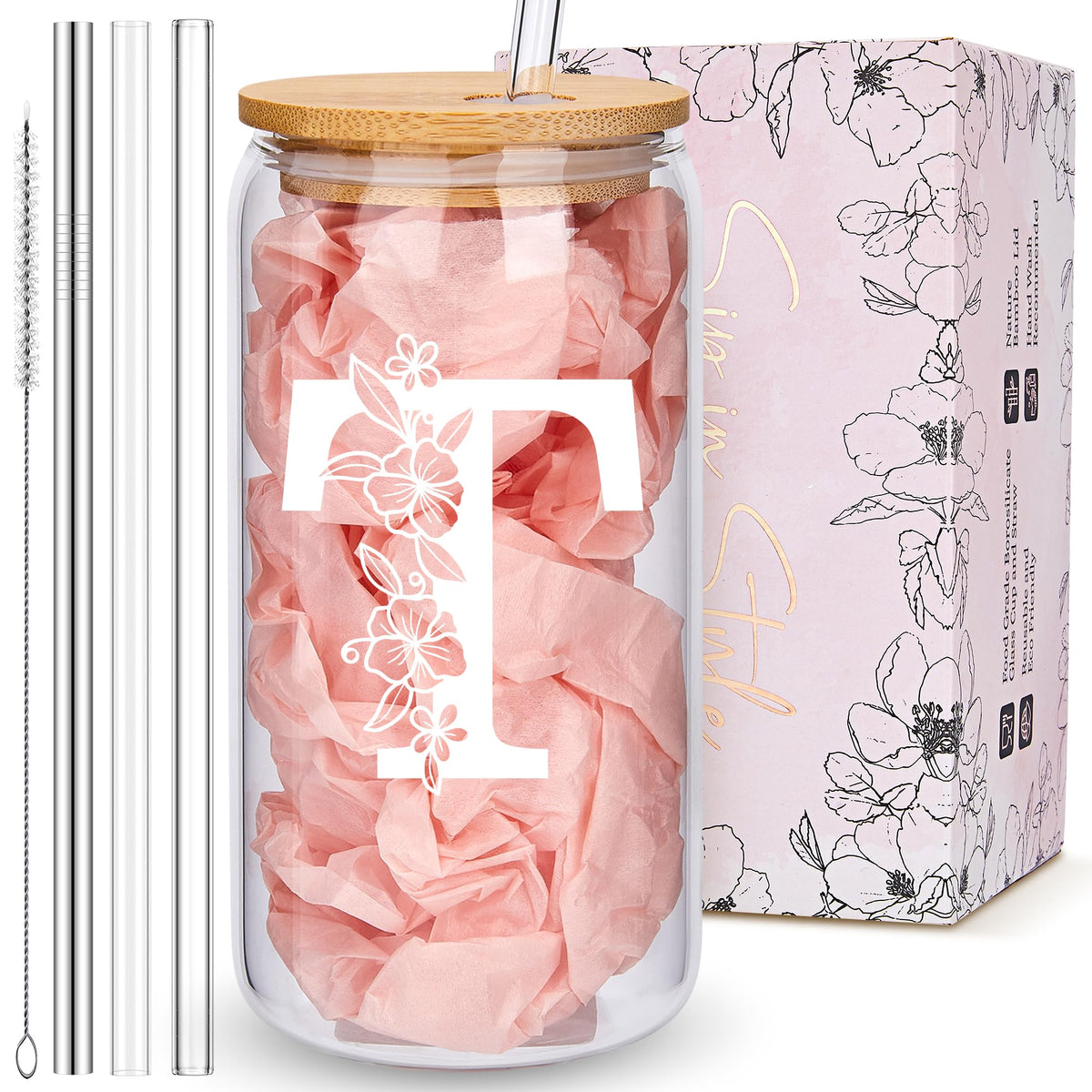 Personalized Tumbler, Monogrammed Can Glass Cups with Bamboo Lids and Straws, Customized Gifts for Women, Cute Design Initial Iced Coffee glasses, Custom Letter Mug, Birthday Bridesmaid, L