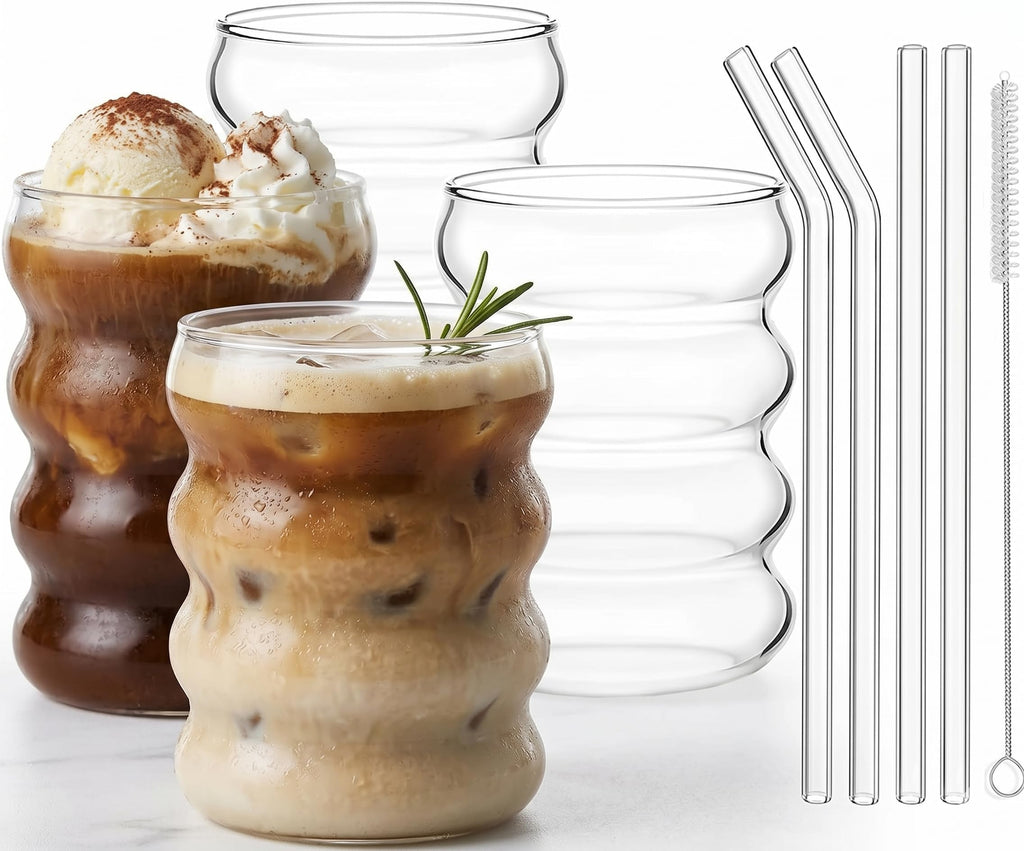 ALINK 16 oz Large Ribbed Glassware Drinking Glasses with Straws Set of 4, Crystal Vintage Glassware Iced Coffee Cups, Cocktail Glass Cups for Beer, Whiskey, Soda, Water, Tea, Milk,Juice