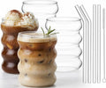 ALINK 16 oz Large Ribbed Glassware Drinking Glasses with Straws Set of 4, Crystal Vintage Glassware Iced Coffee Cups, Cocktail Glass Cups for Beer, Whiskey, Soda, Water, Tea, Milk,Juice