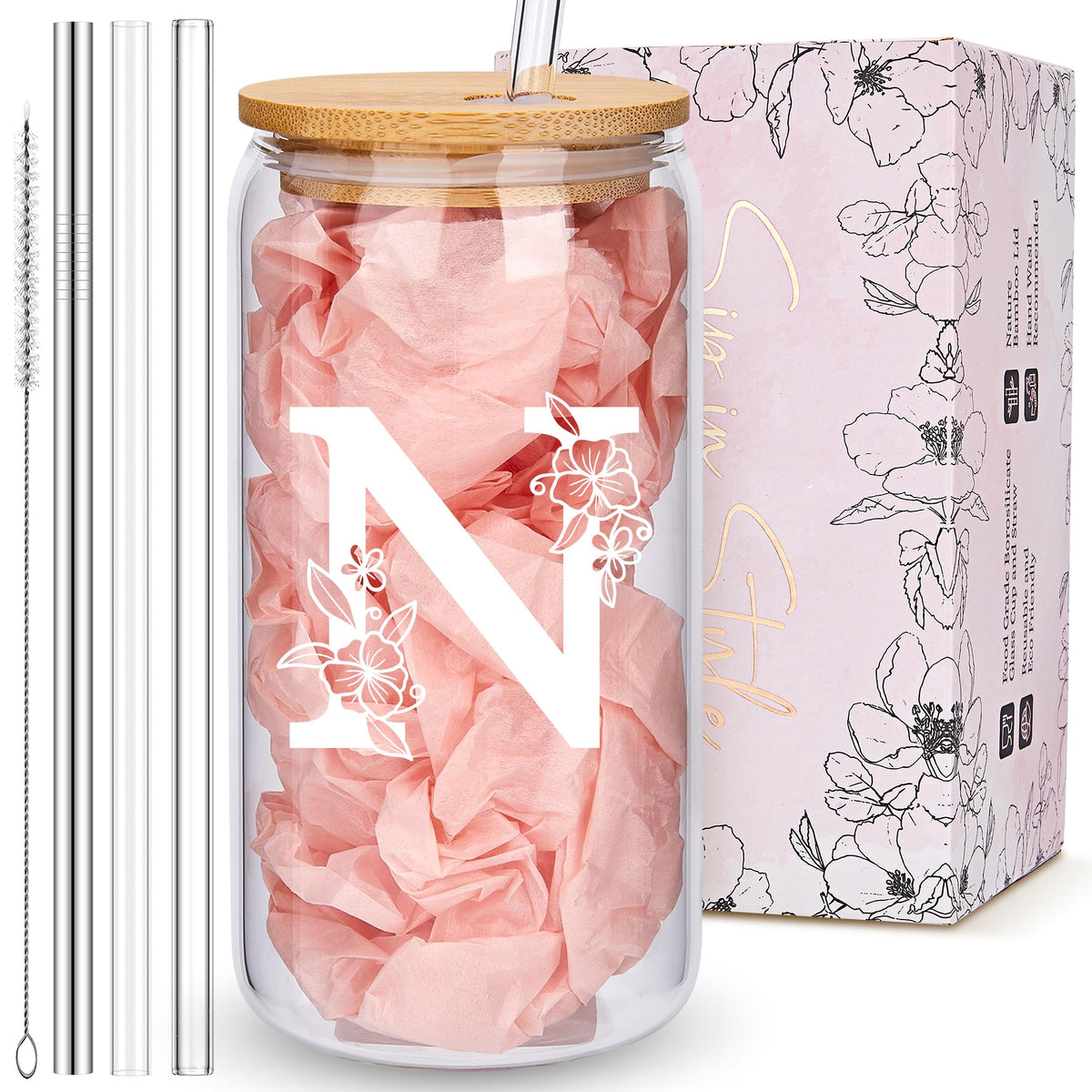 Personalized Tumbler, Monogrammed Can Glass Cups with Bamboo Lids and Straws, Customized Gifts for Women, Cute Design Initial Iced Coffee glasses, Custom Letter Mug, Birthday Bridesmaid, L