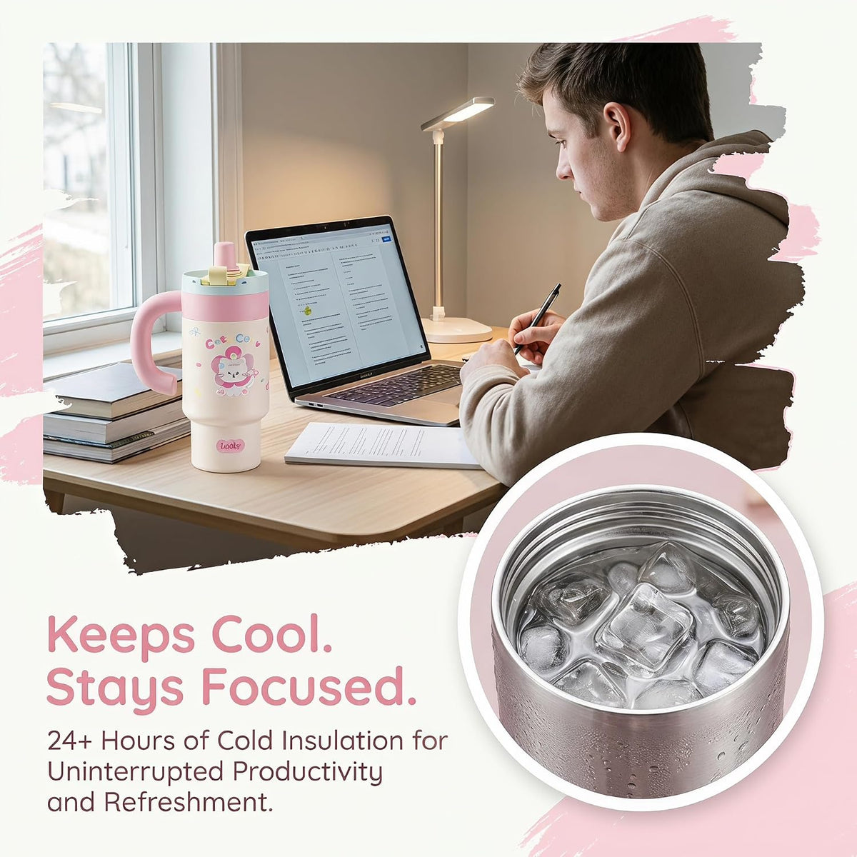 Cartoon Insulated Tumbler with Handle, 850ML Large Capacity, Leak-Proof