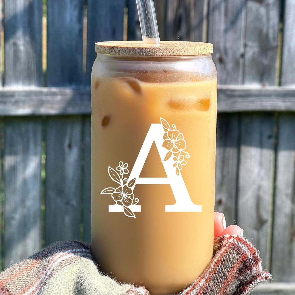 Personalized Tumbler, Monogrammed Can Glass Cups with Bamboo Lids and Straws, Customized Gifts for Women, Cute Design Initial Iced Coffee glasses, Custom Letter Mug, Birthday Bridesmaid, L