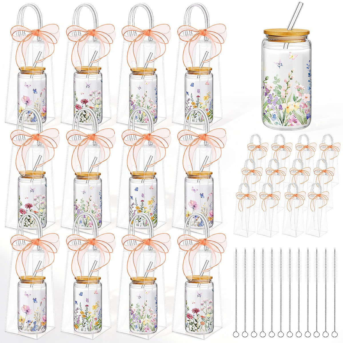 Mumufy 6 Sets Wildflower Cute Glass Cups with Lids and Straws Bulk, 16 Oz