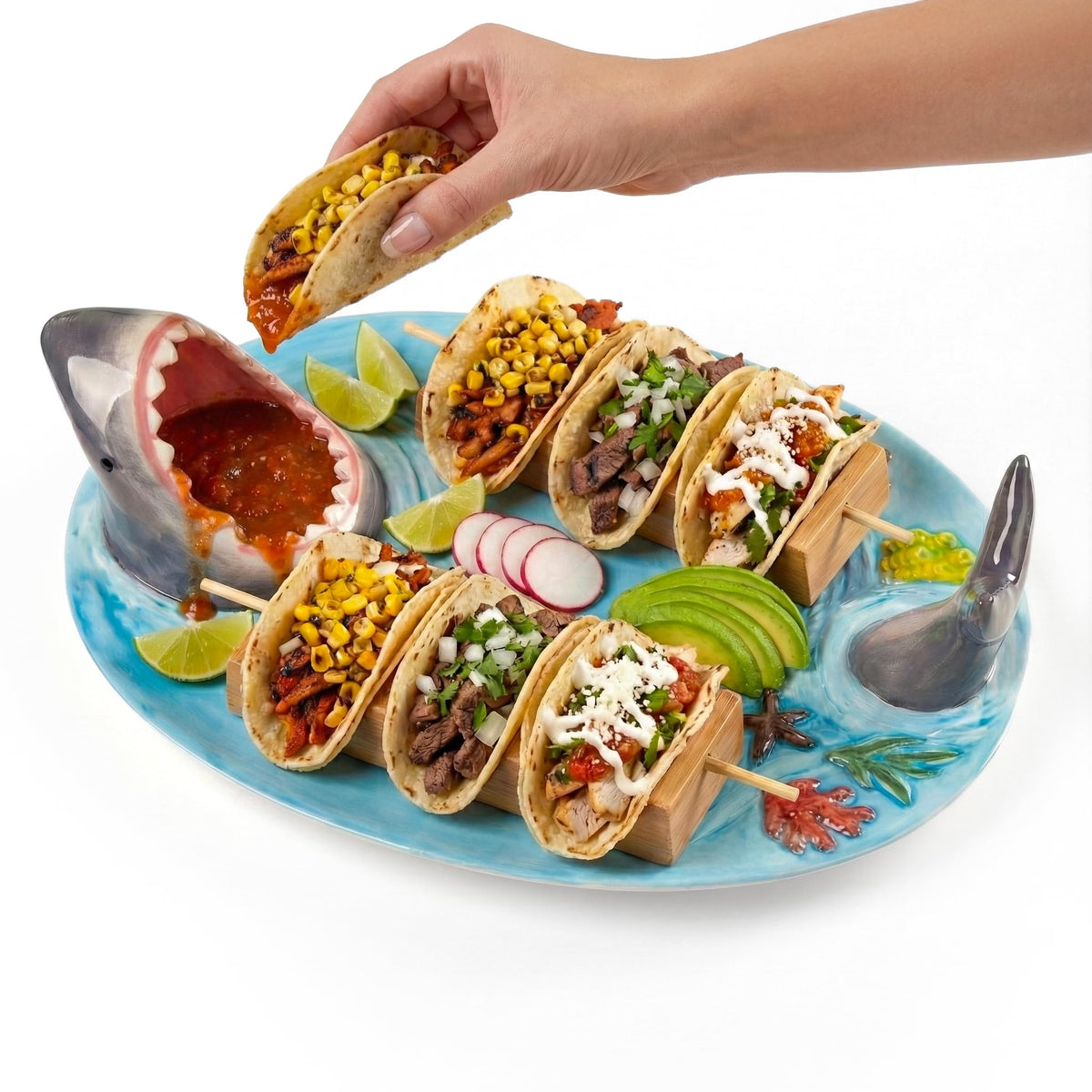 2 Pack Blue Ceramic Taco Holder, Shark Sushi Plate, Funny Handmade Kitchen Salad Plates with Dipping Sauce Bowl, Microwave/Oven/Dishwasher Safe Plates, Holiday Birthday Gifts for Shark Party Lovers