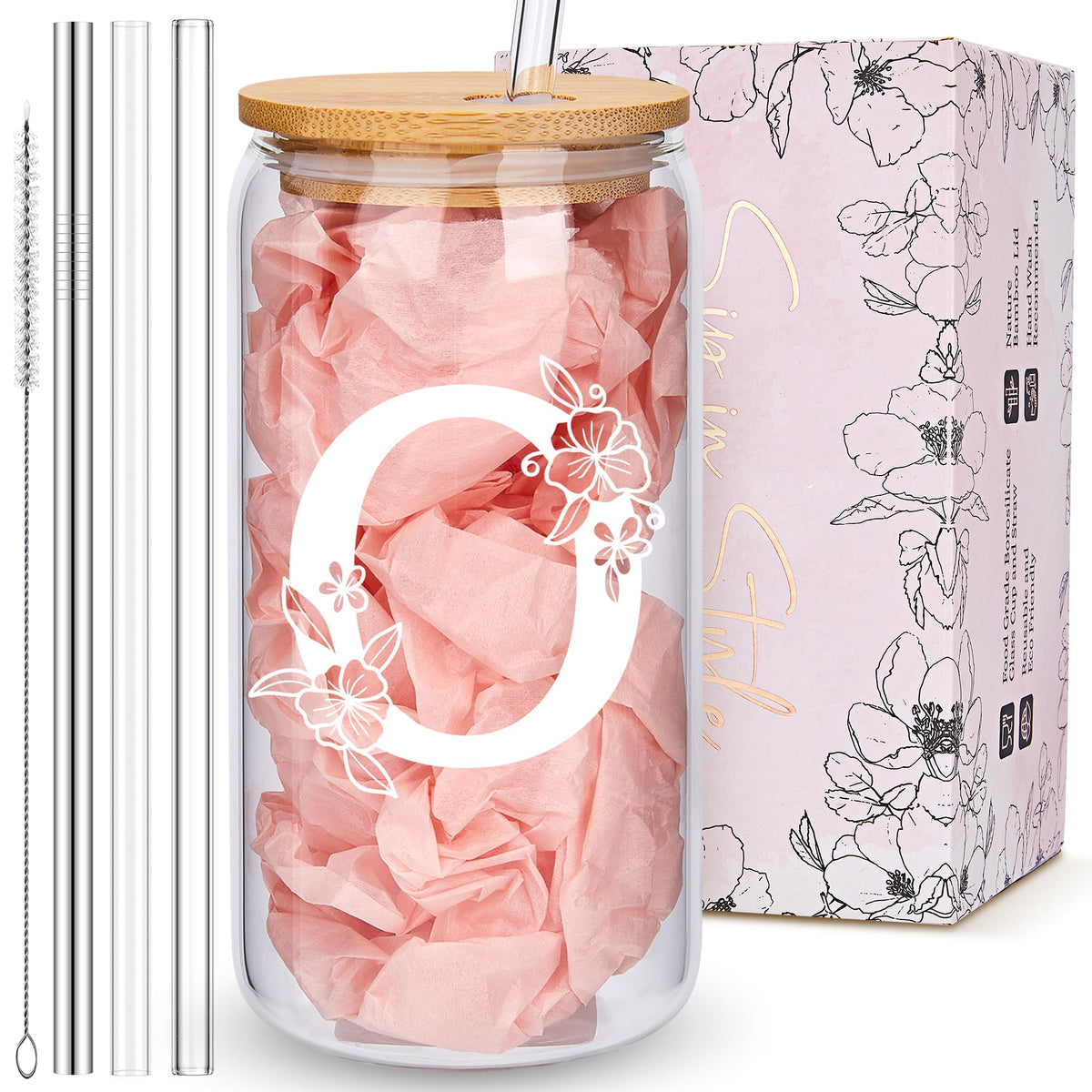 Personalized Tumbler, Monogrammed Can Glass Cups with Bamboo Lids and Straws, Customized Gifts for Women, Cute Design Initial Iced Coffee glasses, Custom Letter Mug, Birthday Bridesmaid, L