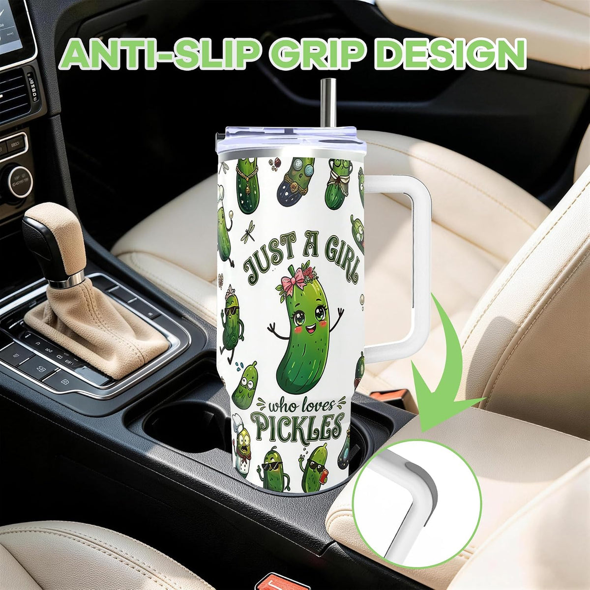 Pickle Gifts, 40 Oz Insulated Stainless Steel Tumbler with Handle & Straw