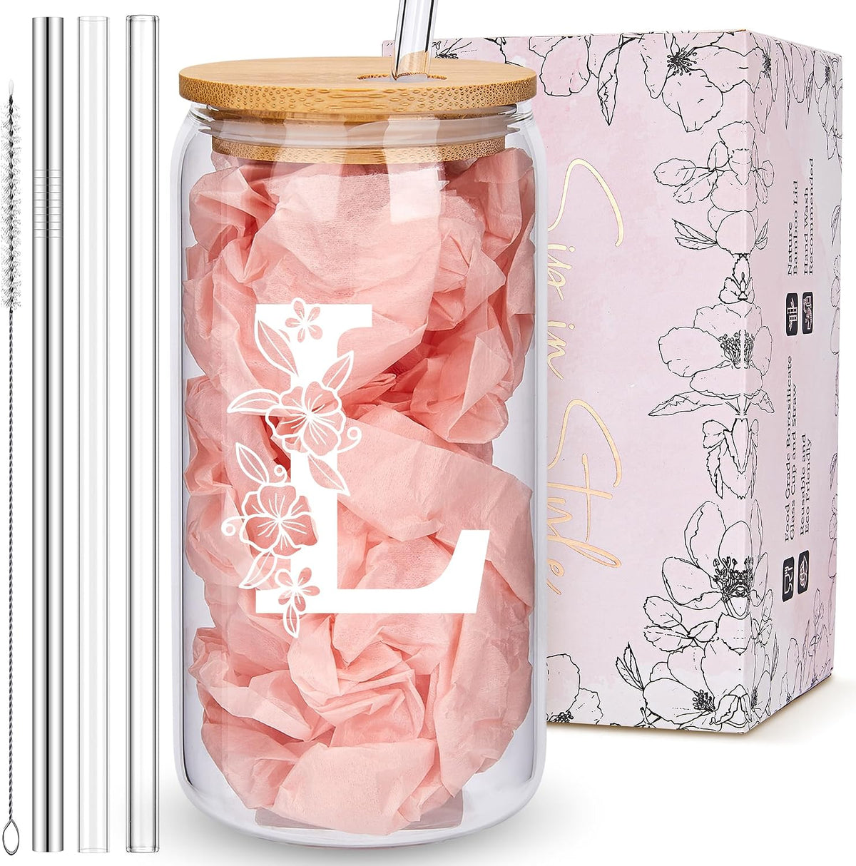 Personalized Tumbler, Monogrammed Can Glass Cups with Bamboo Lids and Straws, Customized Gifts for Women, Cute Design Initial Iced Coffee glasses, Custom Letter Mug, Birthday Bridesmaid, L
