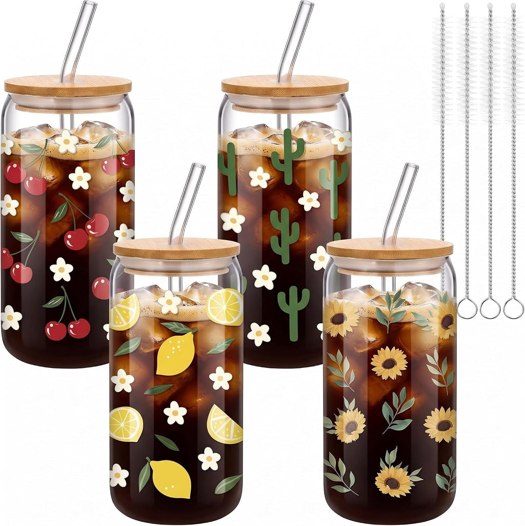 Cute Glass Cup Set of 4, 16 oz Iced Coffee Cups with Bamboo Lids Straws and Brush, Cherry Lemon Cactus Sunflower Floral Design, Gift for Women Girls Friend Bridesmaid Birthday Wedding