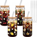 Cute Glass Cup Set of 4, 16 oz Iced Coffee Cups with Bamboo Lids Straws and Brush, Cherry Lemon Cactus Sunflower Floral Design, Gift for Women Girls Friend Bridesmaid Birthday Wedding