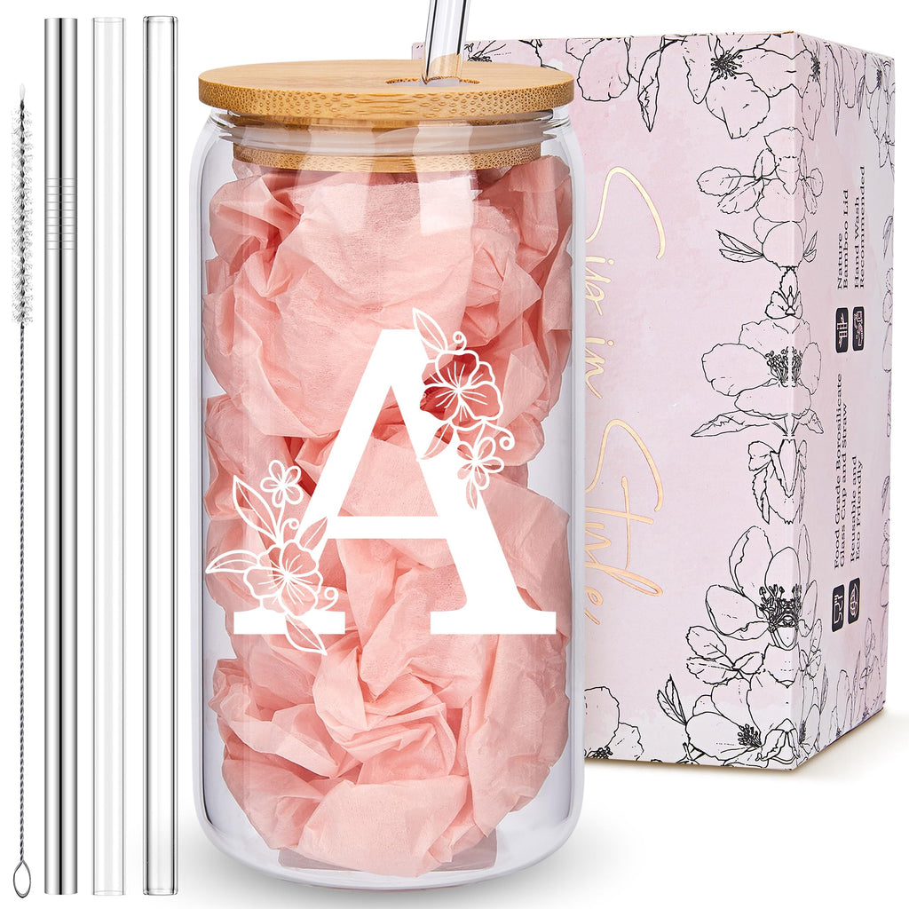 Personalized Tumbler, Monogrammed Can Glass Cups with Bamboo Lids and Straws, Customized Gifts for Women, Cute Design Initial Iced Coffee glasses, Custom Letter Mug, Birthday Bridesmaid, L