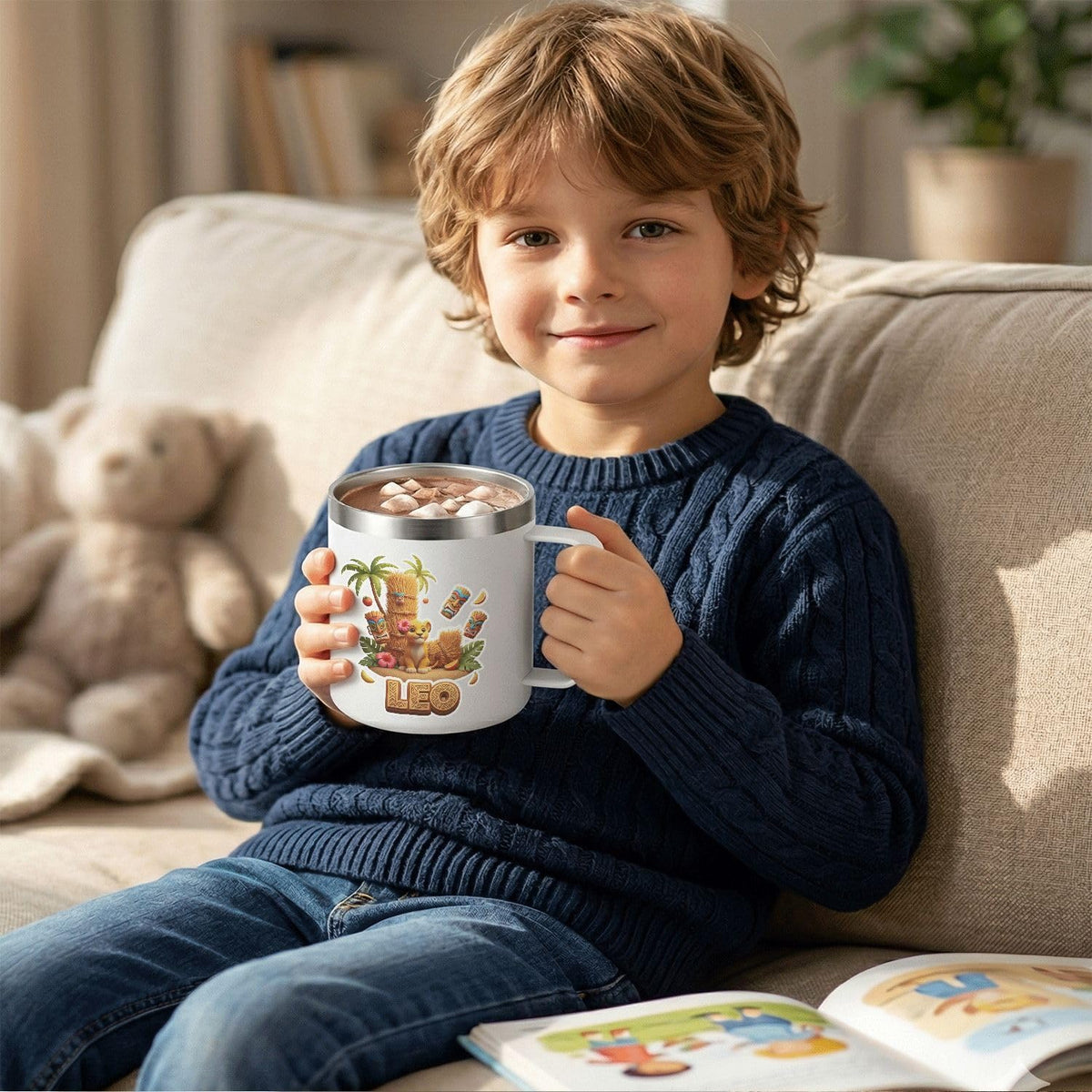 Leo Personalized Kids Mug with Lid, 10 oz Stainless Steel Insulated Camp Cup, Cartoon Lion Tropical Tiki Theme