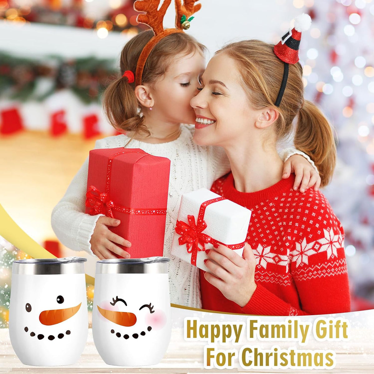 Whaline 2 Pcs Christmas Stainless Steel Wine Tumbler 12 oz Xmas Winter Snowman Insulated Coffee Cups Tumbler Mug with Lid and Straw for Women Girlfriend Besties Wife Lover Spouse Gifts