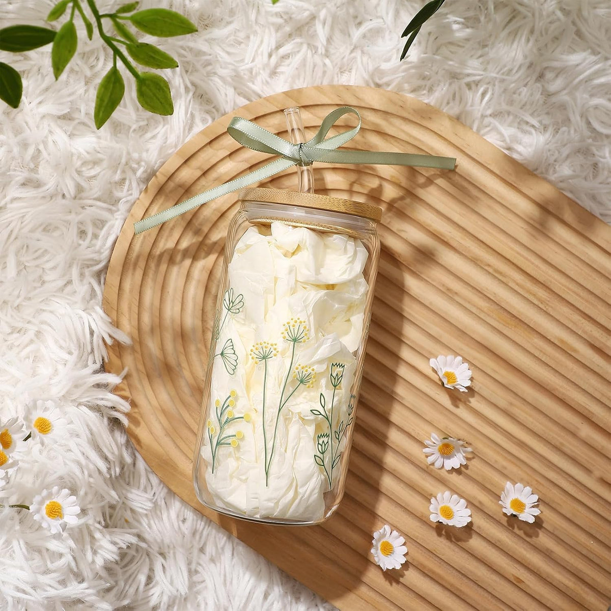 Floral Gifts for Women, Flower Glass Cup with Lid and Straw