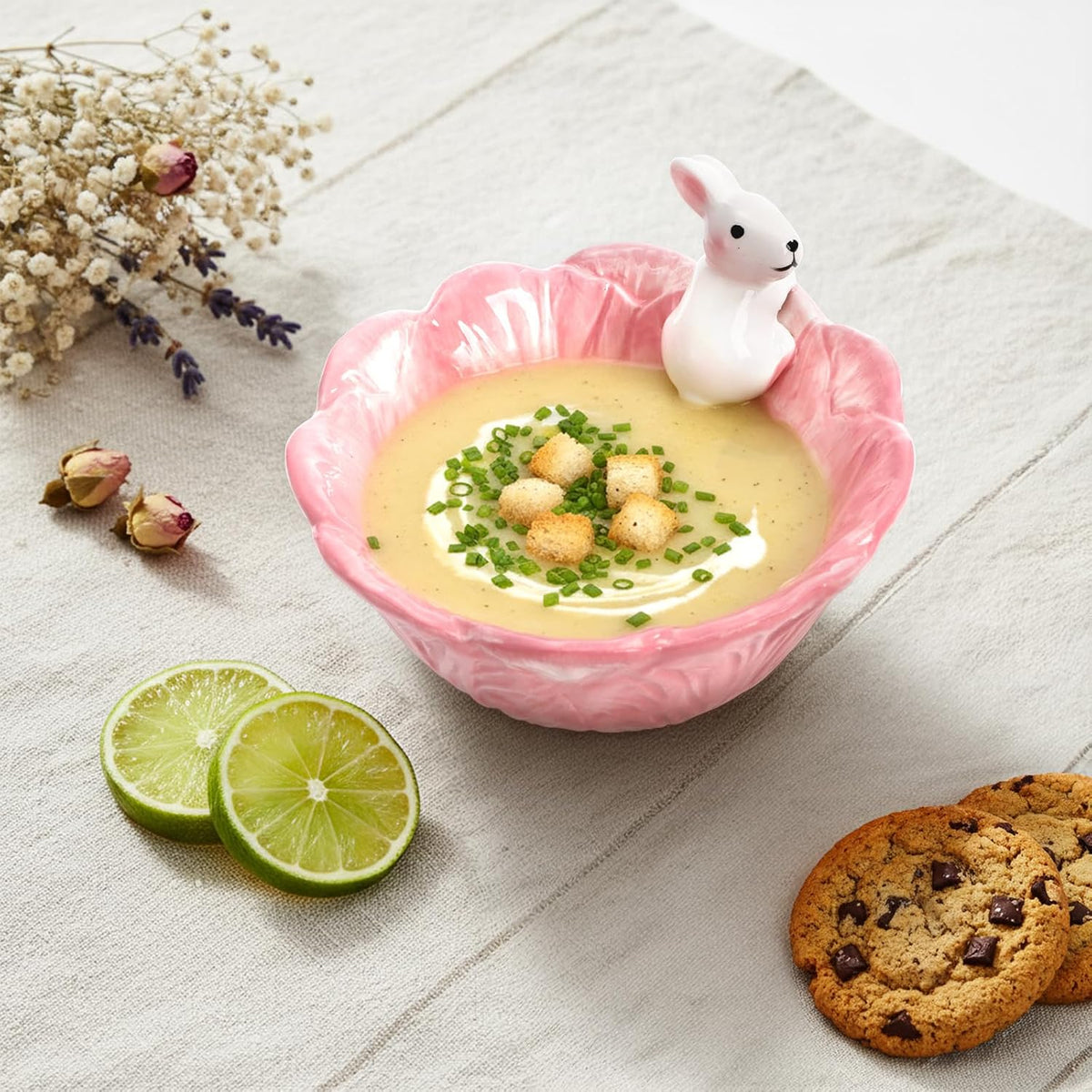 Foraineam 2 Pieces Cute Ceramic Candy Bowl Pink Easter Bowls, 14 oz Ceramic Tableware Rice Soup Dessert Salad Bowls, 5.9 Inch Hand-Painted Bunny Candy Dish with Cabbage Rabbit Shaped Design